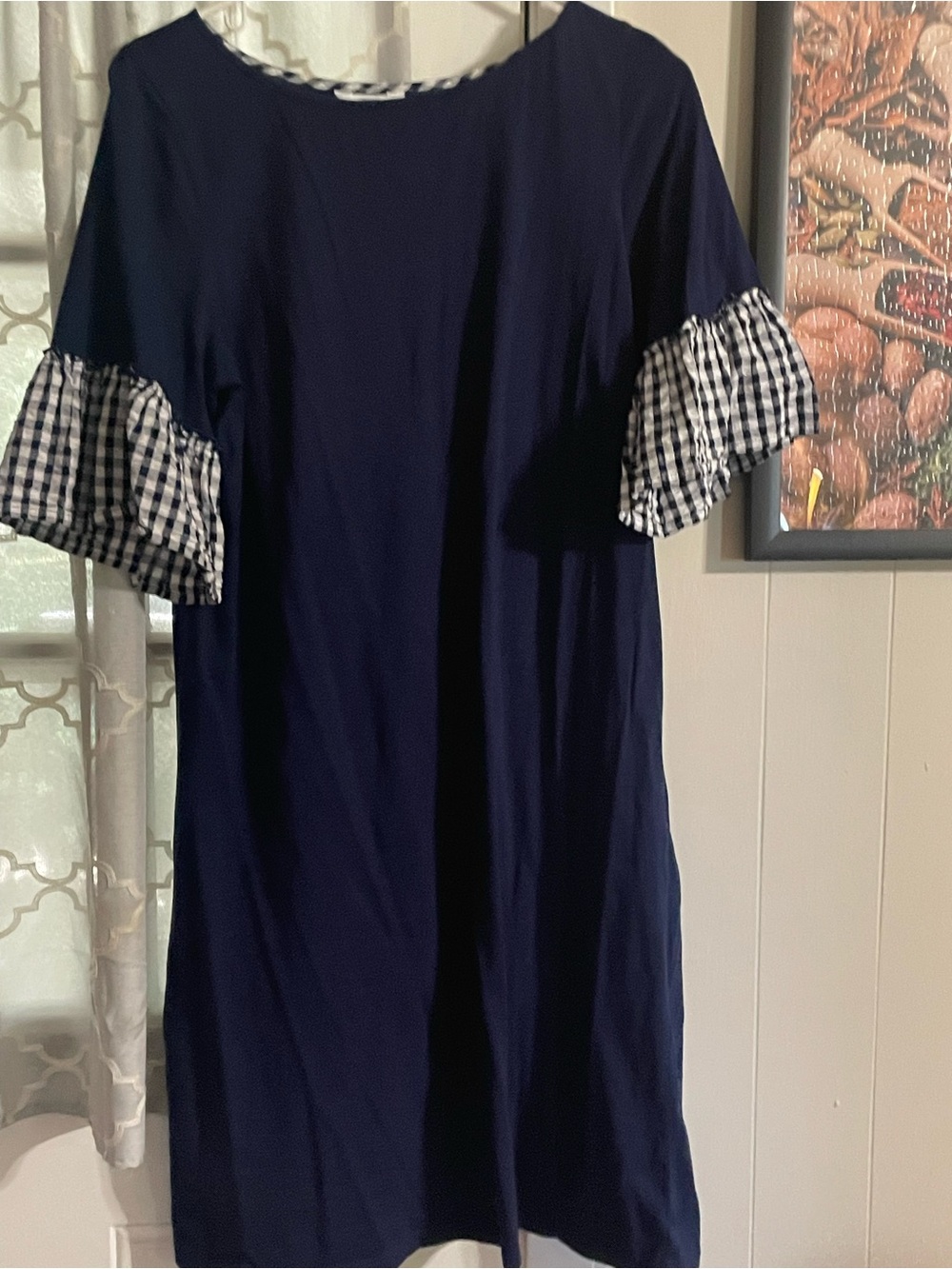 crown & ivy Navy Midi Dress with Black-and-White Gingham Ruffle Sleeves